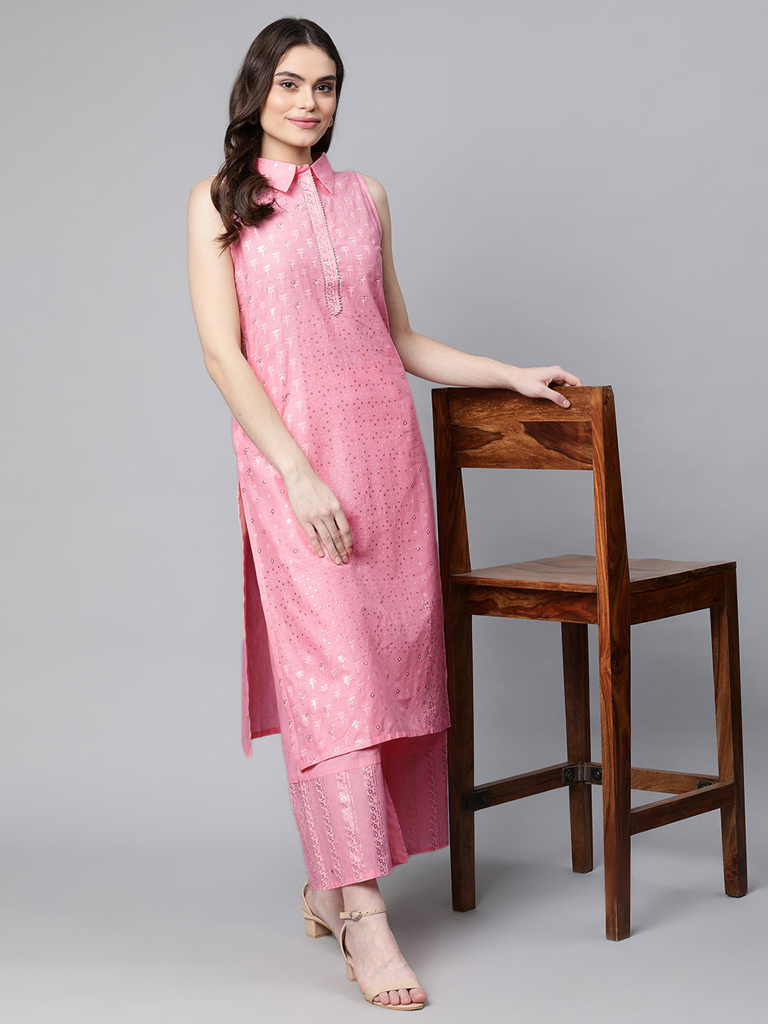 Women's Light Pink Colour Pure Cotton Printed Kurta Palazzo Set - Ahalyaa