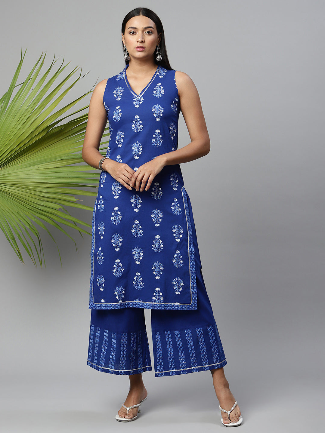 Women's Indigo Blue Pure Cotton Printed Kurta Palazzo Set - Ahalyaa