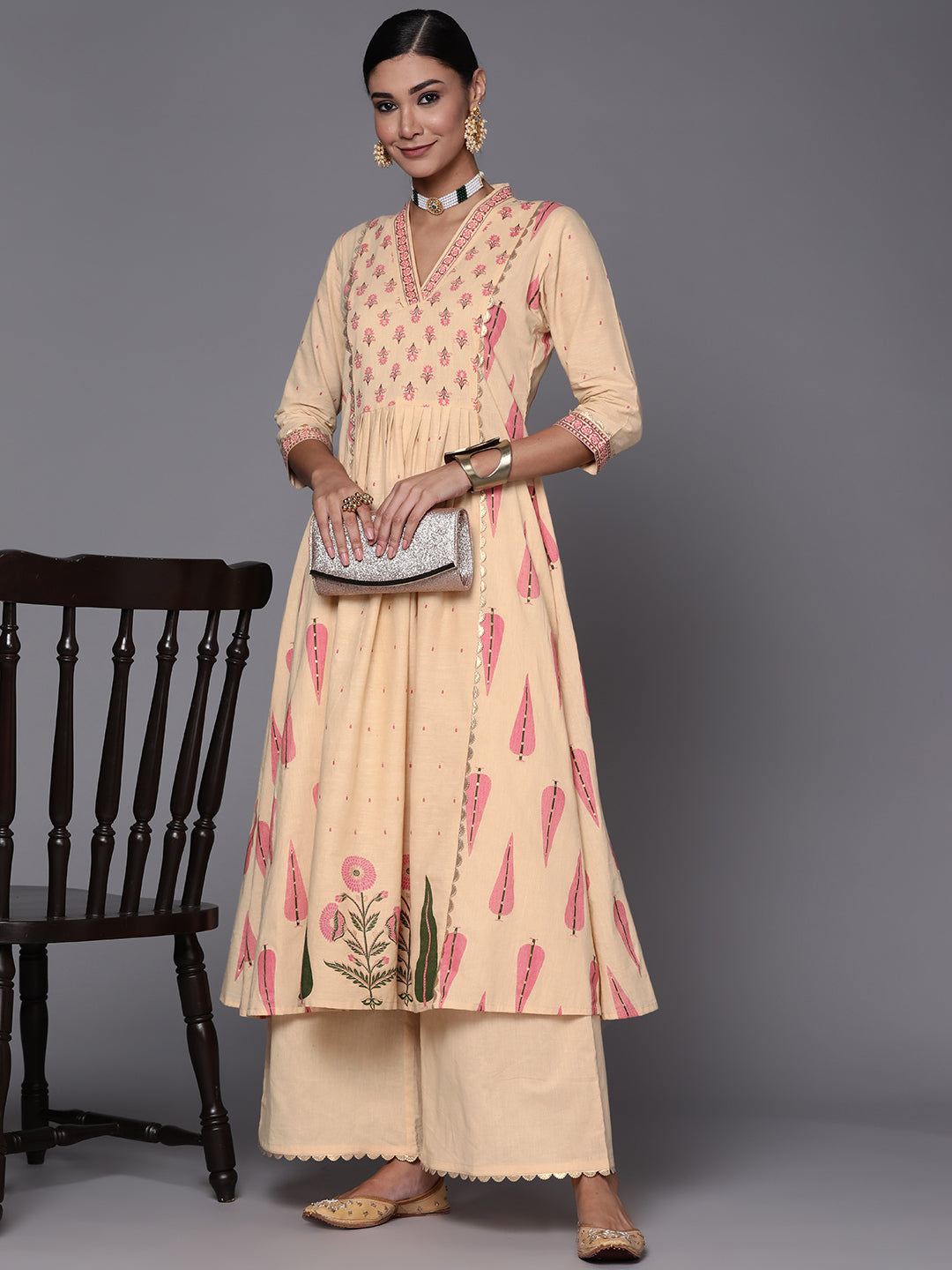 Women's Beige & Pink Floral Print Pure Cotton Anarkali Kurta With Palazzos - Ahalyaa