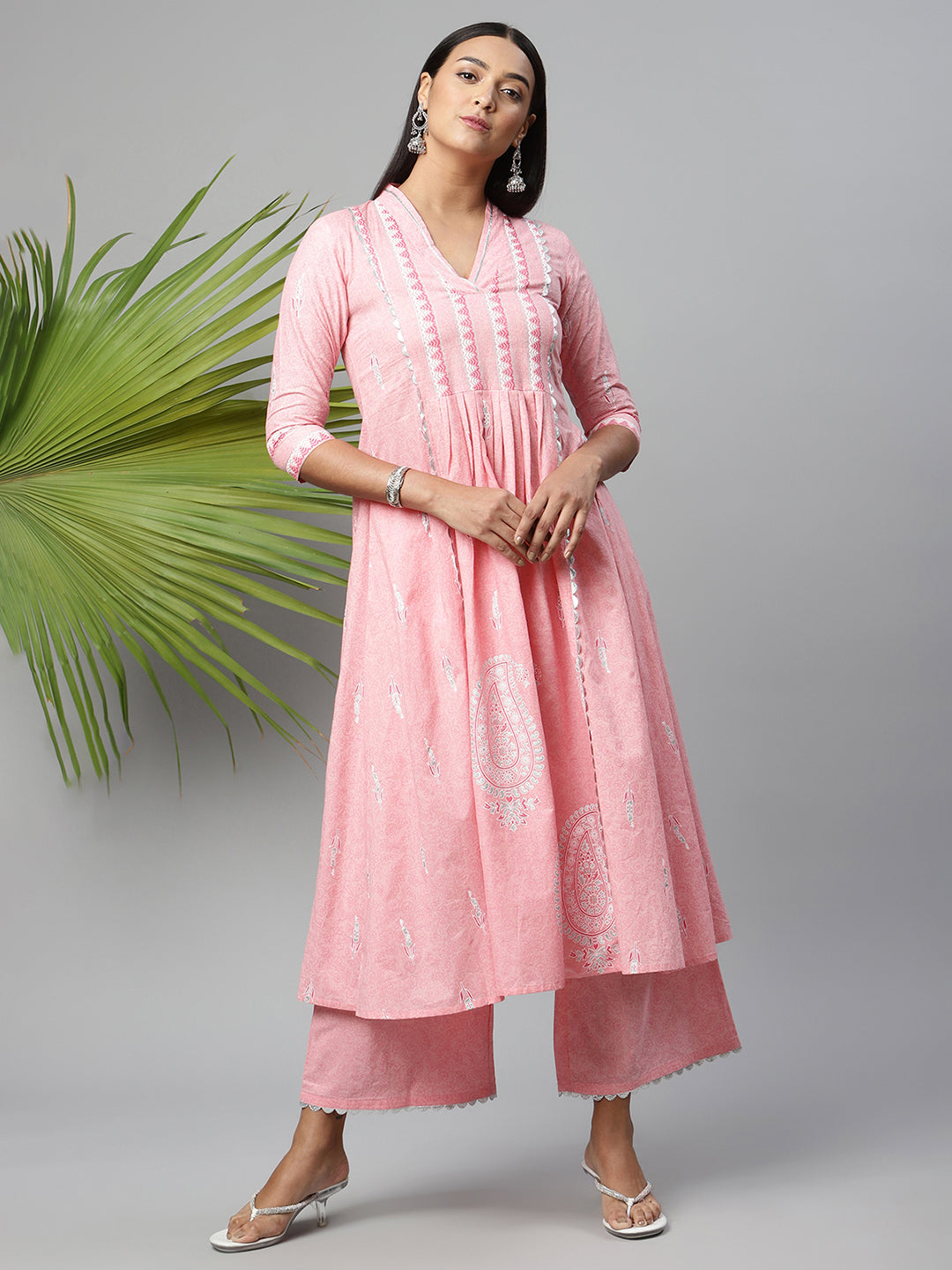 Women's Pink Pure Cotton Printed Kurta Palazzo Set - Ahalyaa