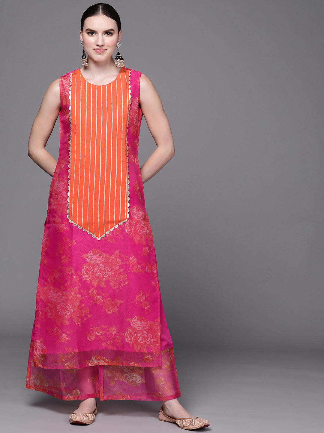 Women's Pink Organza Kurta Palazzo Set - Ahalyaa