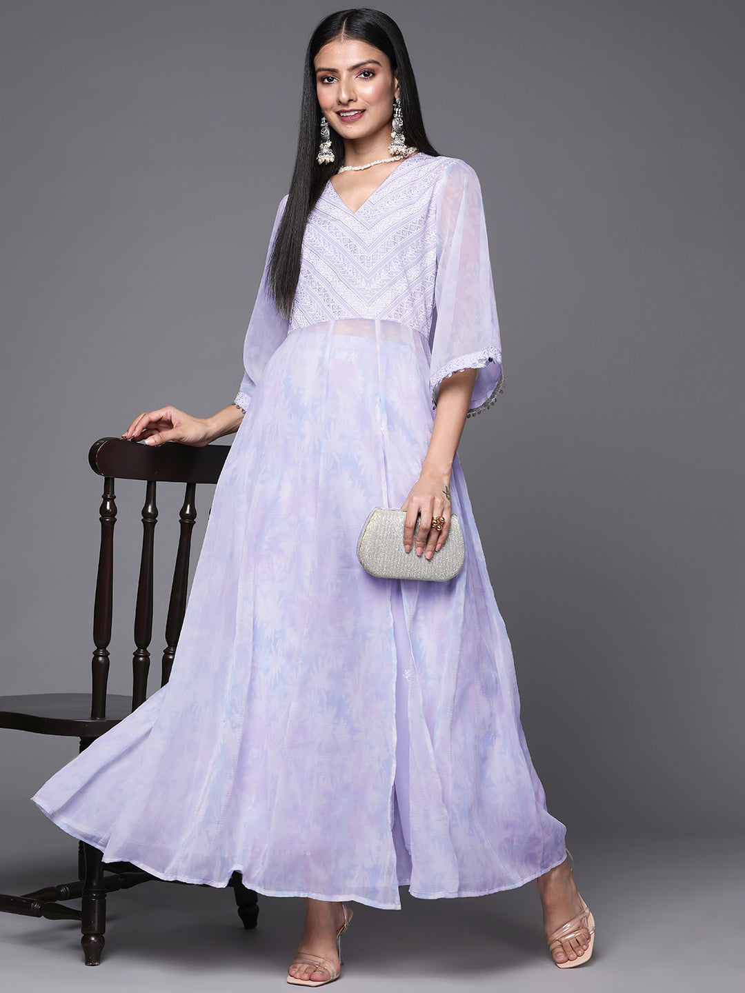 Women's Lavender & White Floral Printed High Slit Sequinned Kurta With Palazzos - Ahalyaa