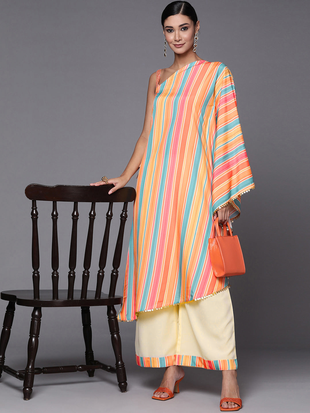 Women's Multi Colour Striped Printed Asymmetric Kaftan Kurta With Palazzos - Ahalyaa