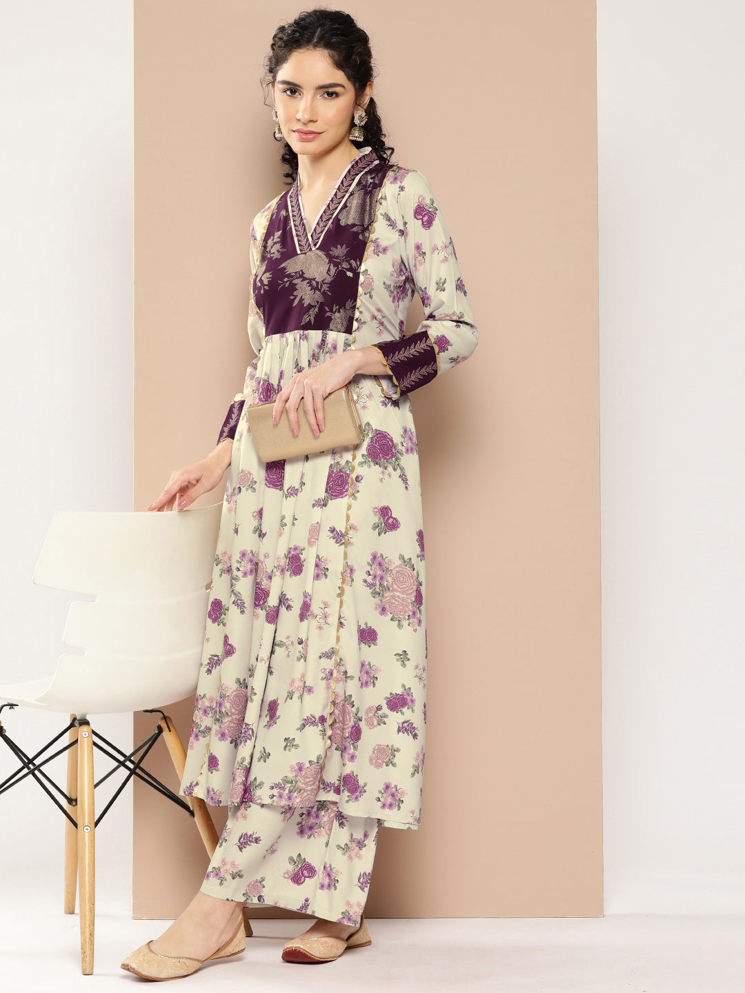 Women's Floral Printed Pleated Gotta Patti Kurta With Palazzos - Ahalyaa