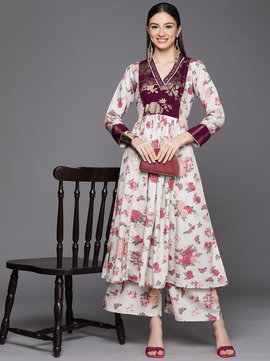 Women's Beige Crepe Digital Printed Kurta Palazzo Set - Ahalyaa