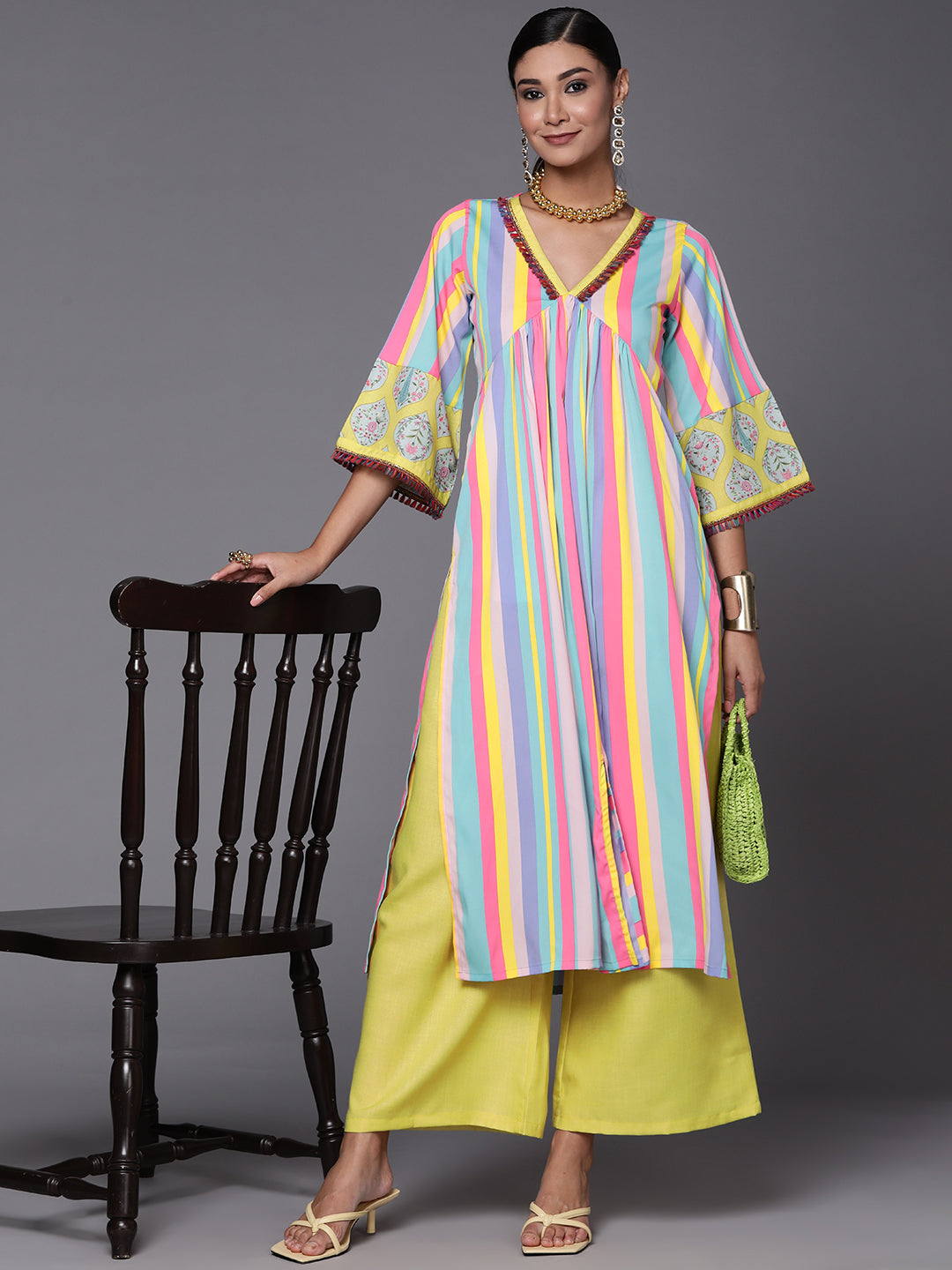 Women's Neon Green Candy Striped Kurta With Palazzos - Ahalyaa