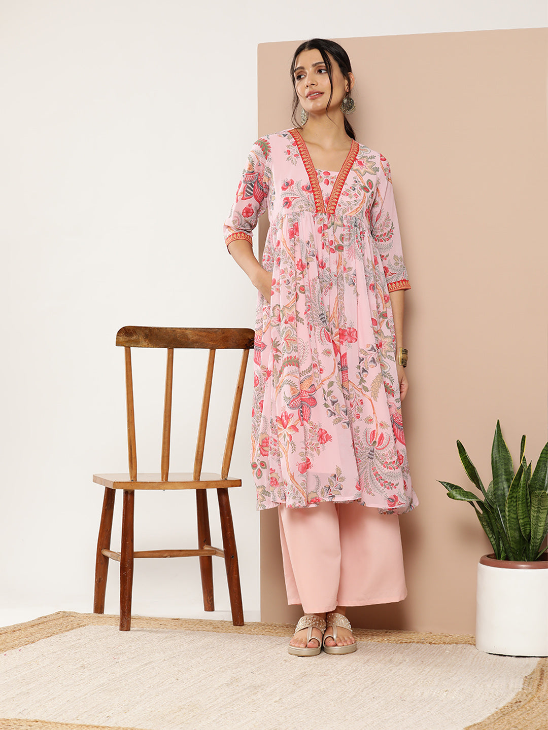 Women's Floral Printed Pleated Kurta With Palazzos - Ahalyaa