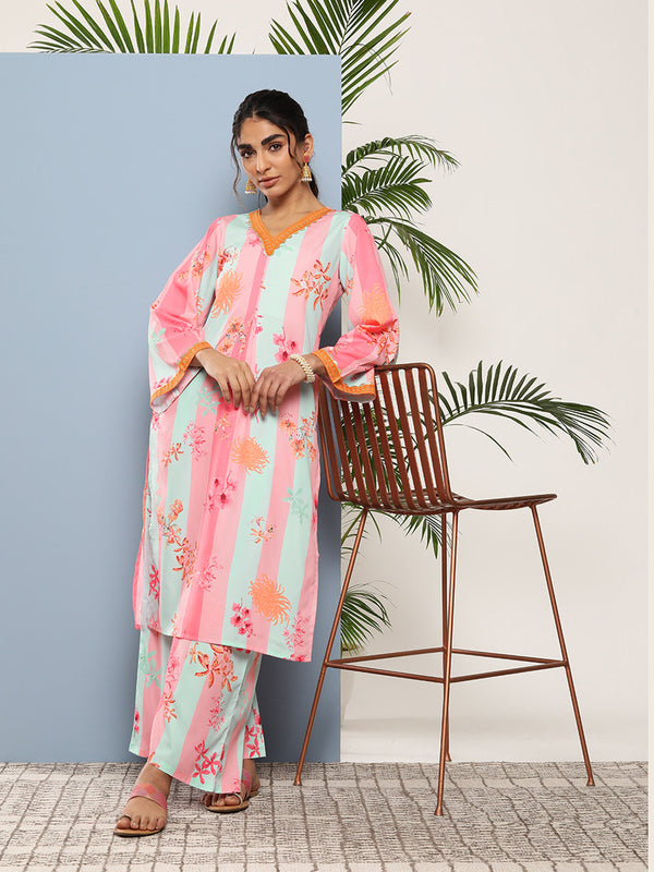 Pink Floral Printed Pleated Gotta Patti Kurta with Palazzos