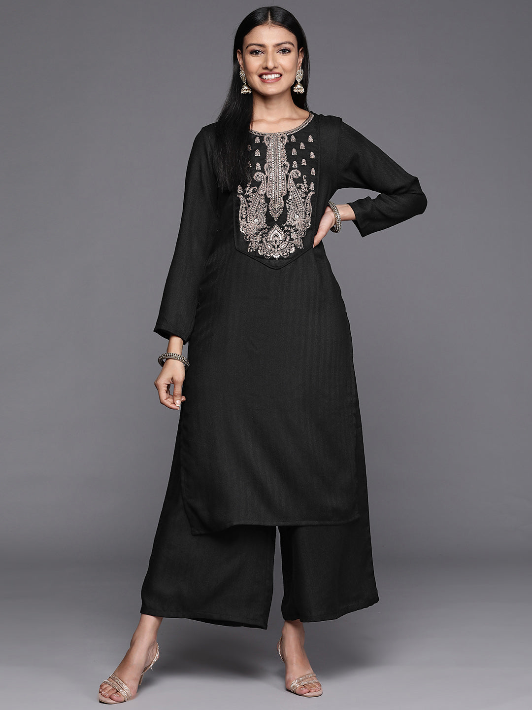 Women's Black Faux Pashmina Kurta Palazzo Set - Ahalyaa