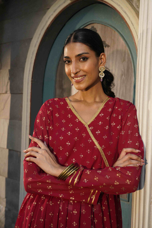 Women's Maroon Floral Empire Kurta With Palazzos - Ahalyaa