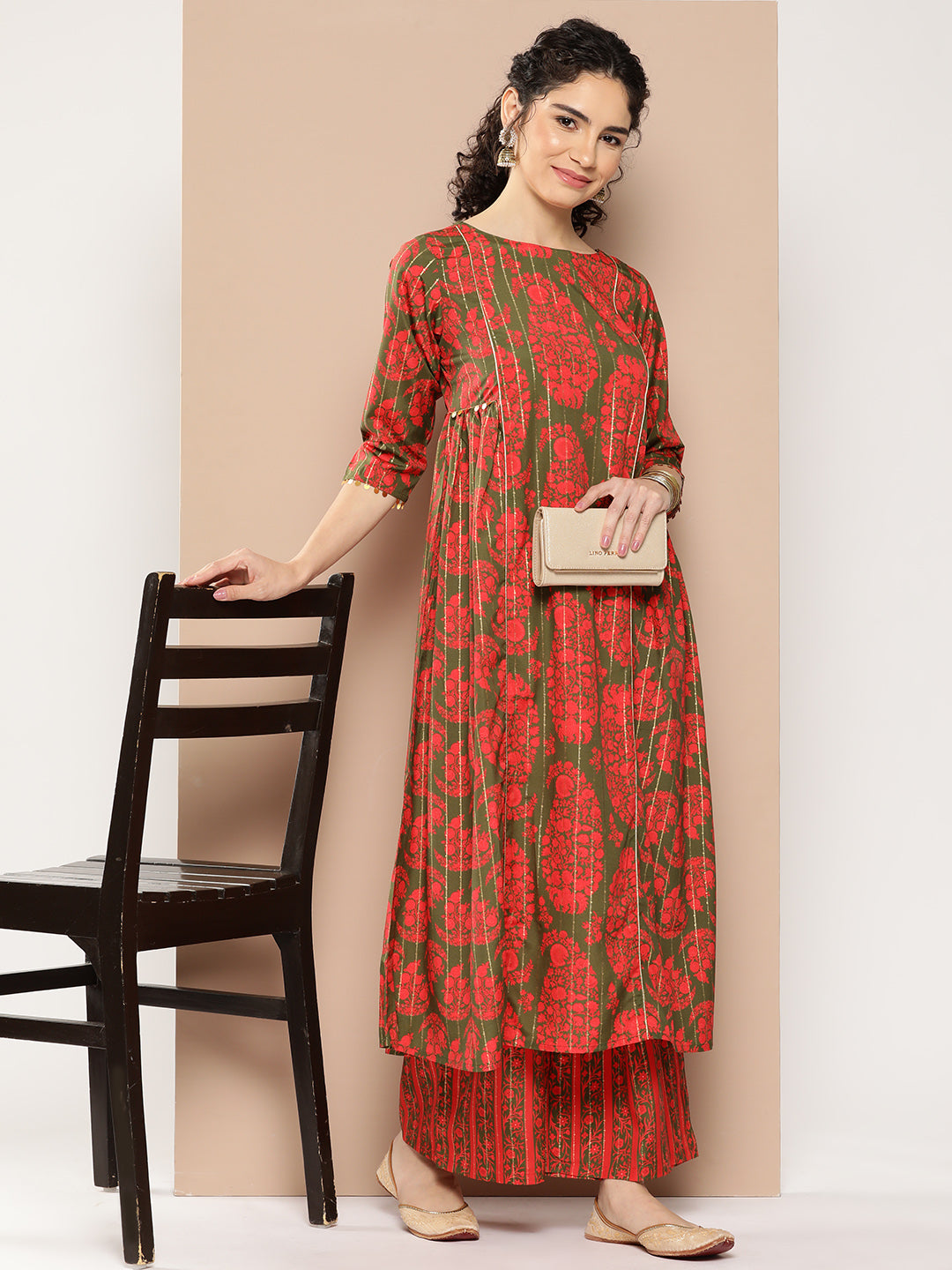 Women's Floral Printed Panelled Sequinned Kurta With Palazzos - Ahalyaa