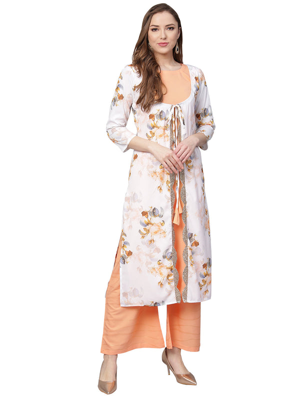 Women's White & Peach Floral Jacket Style Kurta With Plazzo - Ahalyaa