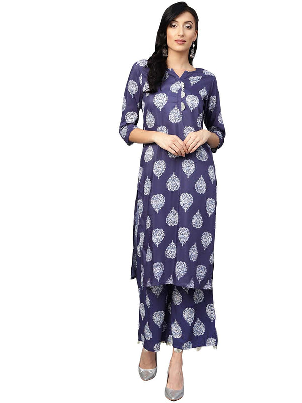 Women's Dark Blue Printed Kurta Set  - Ahalyaa