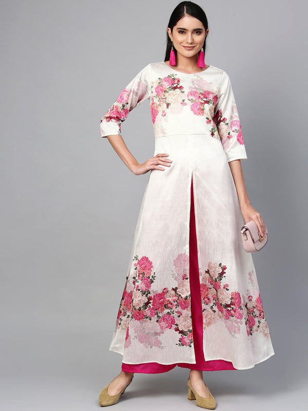 Off-White & Pink Printed Kurta with Palazzo