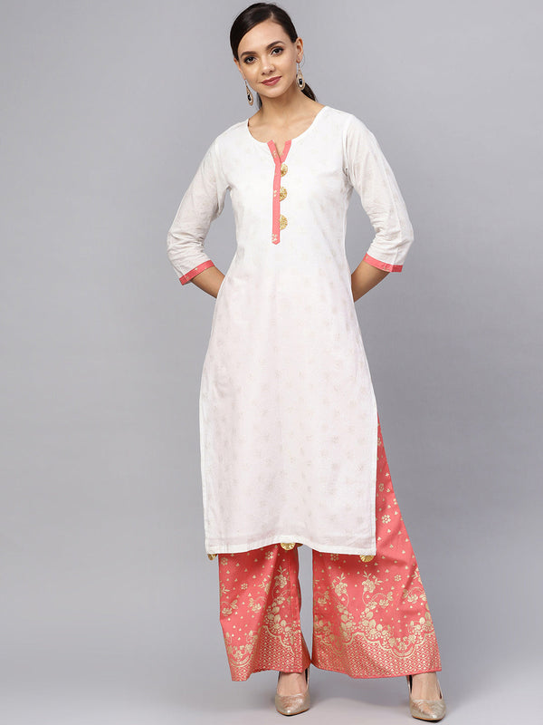 Women's White And Gold Printed Straight Kurta Set - Ahalyaa