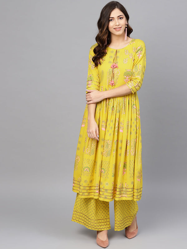 Women's Rayon Yellow Printed Kurta Palazzo Set- Ahalyaa