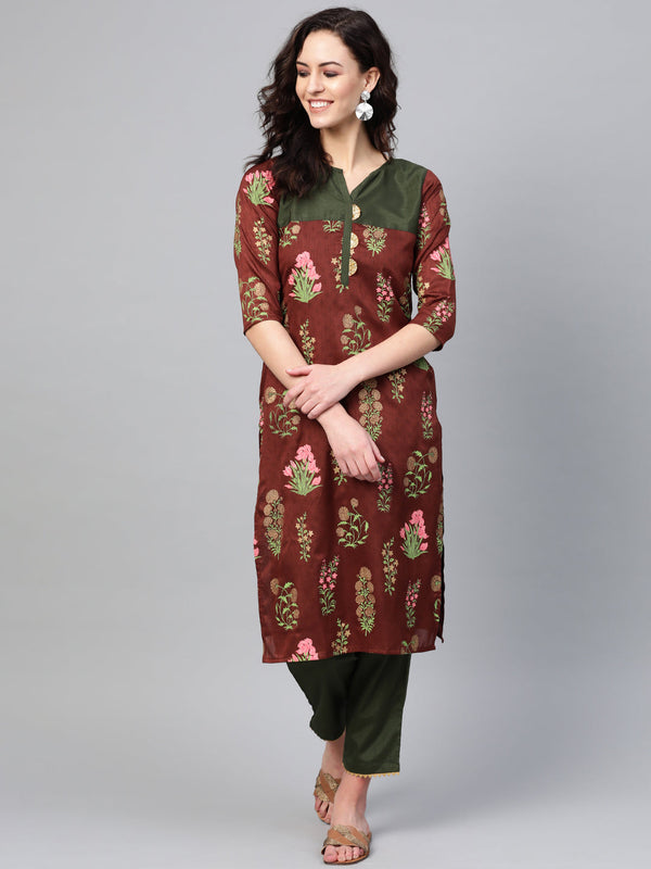 Women's  Floral Straight Kurta With Pant - Ahalyaa