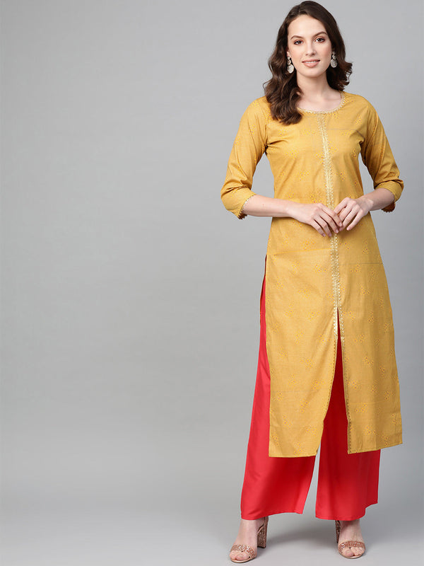 Women's Mustard Crepe Printed Kurta Palazzo Set- Ahalyaa