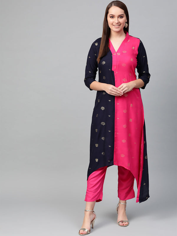 Women's Colourblocked A Line Kurta With Pant  - Ahalyaa