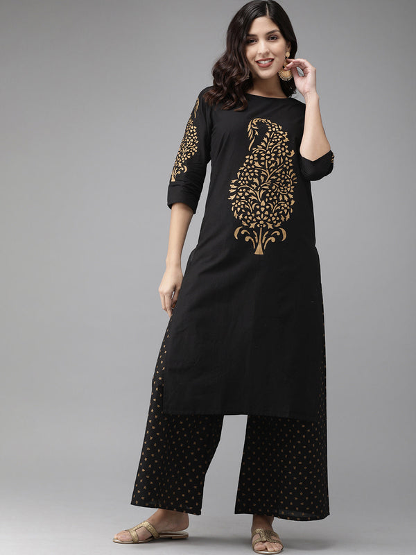 Women's Black Straight Kurta Set  - Ahalyaa