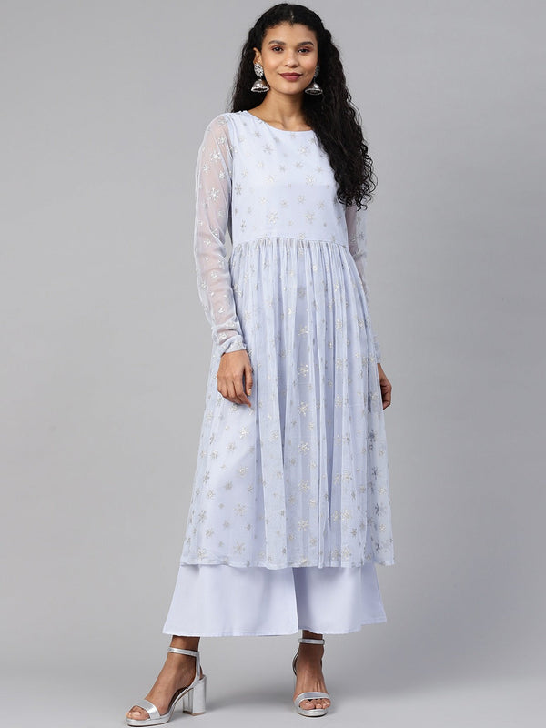 Women's Blue Net Silver Glitter Printed Kurta Palazzo Set- Ahalyaa