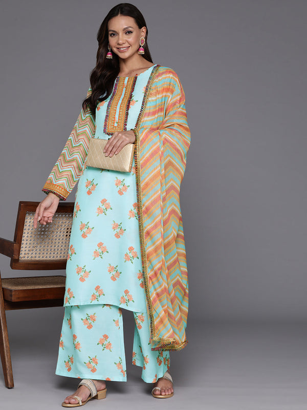 Women Floral Printed Regular Thread Work Kurta with Palazzos & With Dupatta