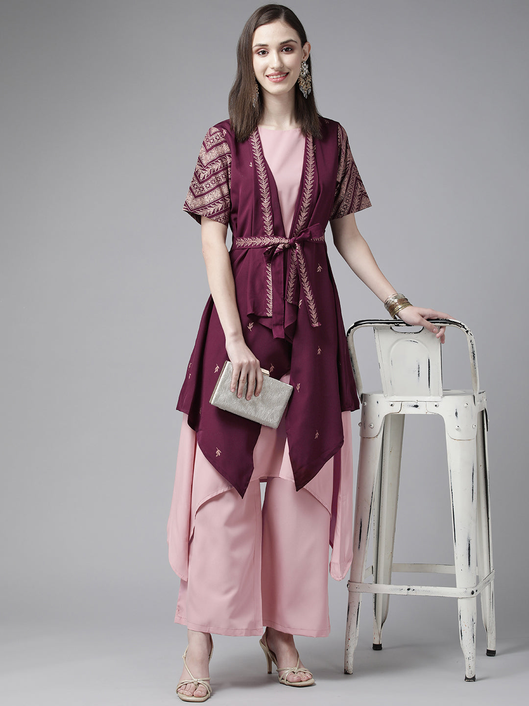 Women's Rose Pink Crepe Kurta Palazzos Set With Burgundy Jacket - Ahalyaa