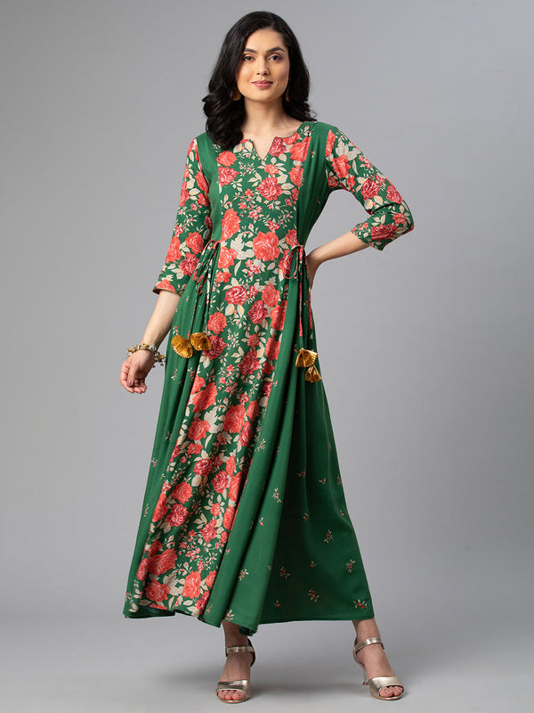 Women's Viscose Rayon Green Floral Wax Printed Kurta - Ahalyaa