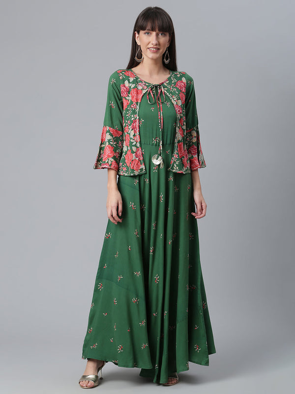 Women's Viscose Rayon Green Floral Wax Printed Kurta - Ahalyaa