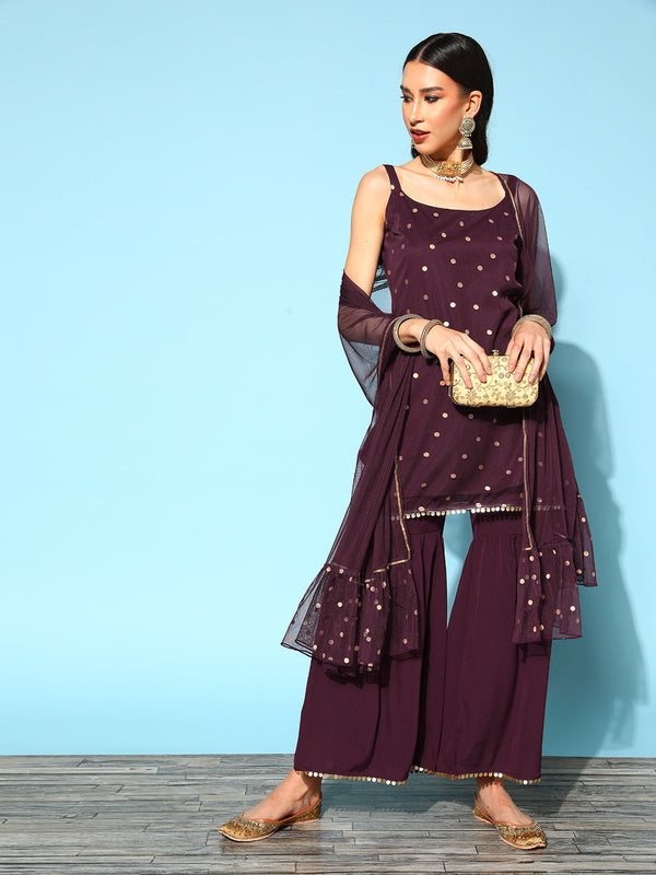 Women's Burgundy Top to Toe Fusion Sharara Set With Dupatta