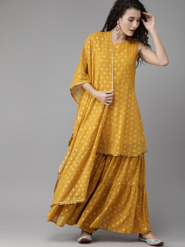 Jashvi Women's Mustard & Gold-Toned Printed Kurti with Sharara & Dupatta