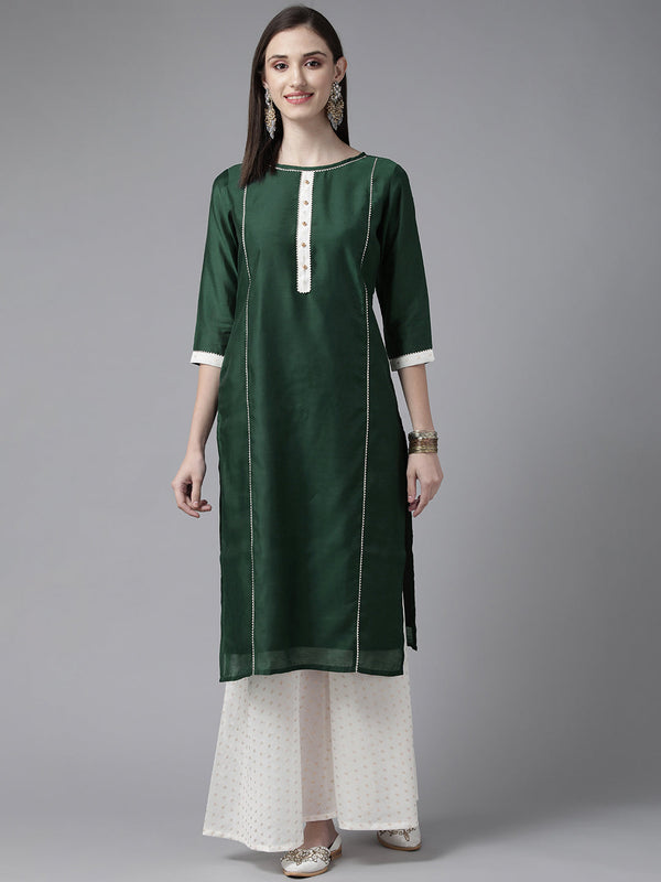 Jashvi Women Dark Green Plain Chanderi Kurta with Sharara Set