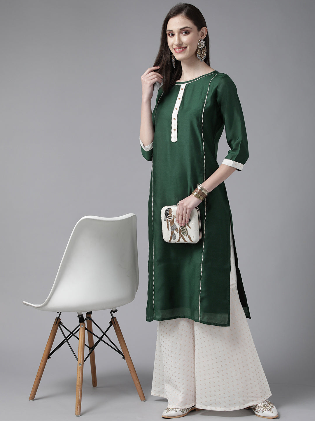 Women's Dark Green Plain Chanderi Kurta With Sharara Set - Ahalyaa