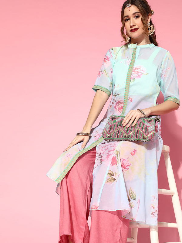 Sea Green Floral Printed Top With Kurta