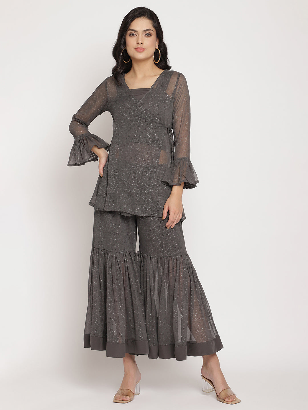 Women's Charcoal Grey Polly Chiffon Angrakha Kurta With Inner & Sharara - Ahalyaa