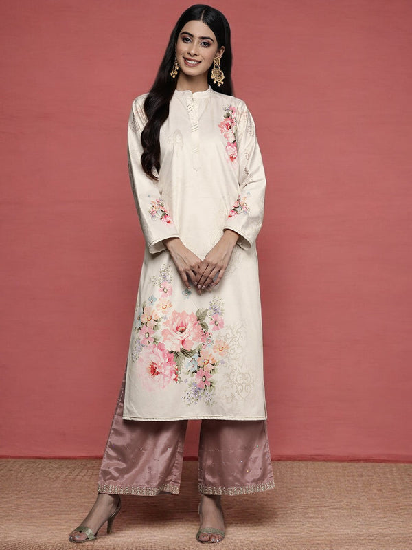 Cream & Pink Floral Printed Gotta Patti Floral Velvet Kurta