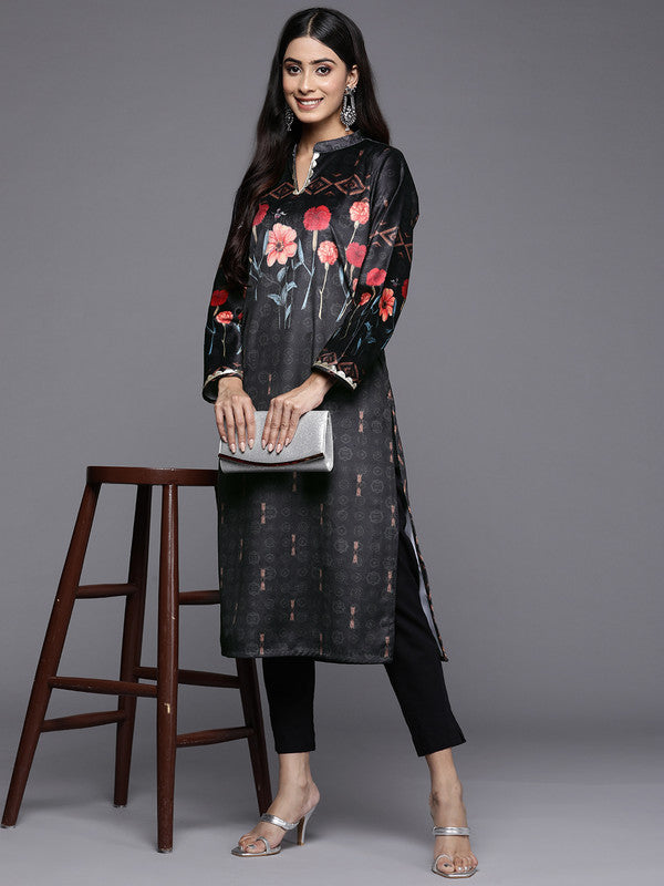 Women's Black & Red Floral Printed Gotta Patti Floral Velvet Kurta - Ahalyaa