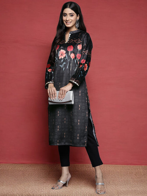 Jashvi Women Black & Red Floral Printed Gotta Patti Velvet Kurta