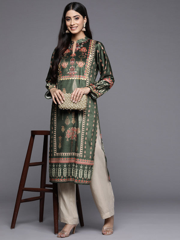 Women's Green & Pink Ethnic Motifs Printed Gotta Patti Velvet Kurta - Ahalyaa