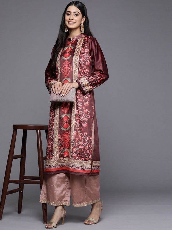 Women's Burgundy & Golden Floral Printed Gotta Patti Floral Velvet Kurta - Ahalyaa