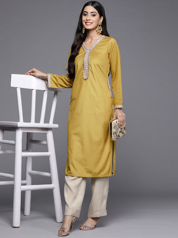 Women's Mustard Yellow & Golden Ethnic Motifs Yoke Design Velvet Kurta - Ahalyaa