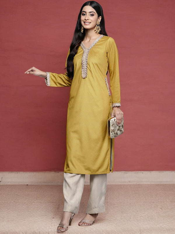 Mustard Yellow & Golden Ethnic Motifs Yoke Design Velvet Kurta