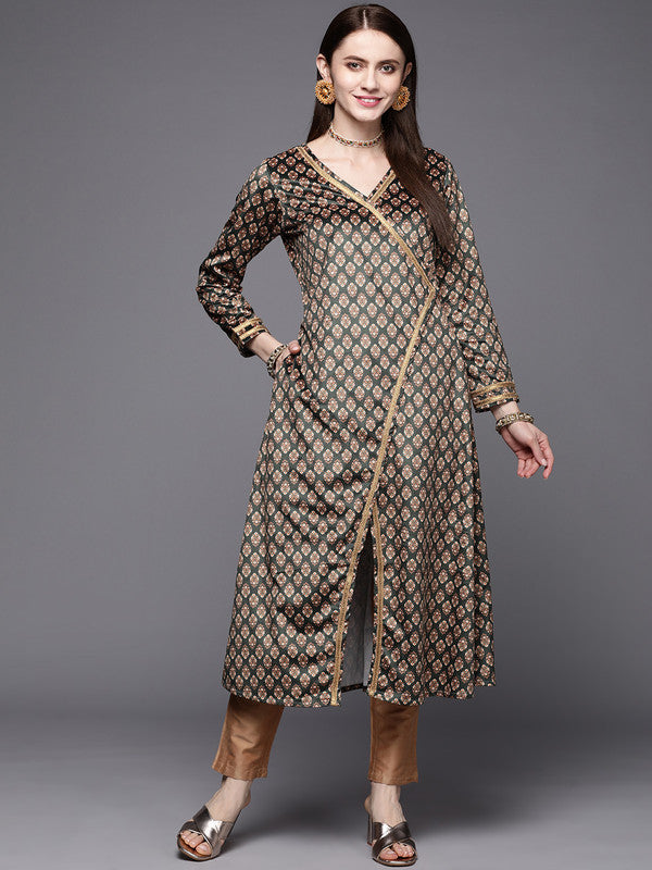 Women's Green & Cream-Coloured Floral Printed Velvet Kurta - Ahalyaa