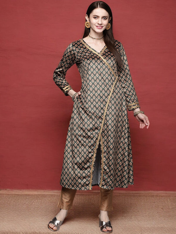 Green & Cream-Coloured Floral Printed Velvet Kurta