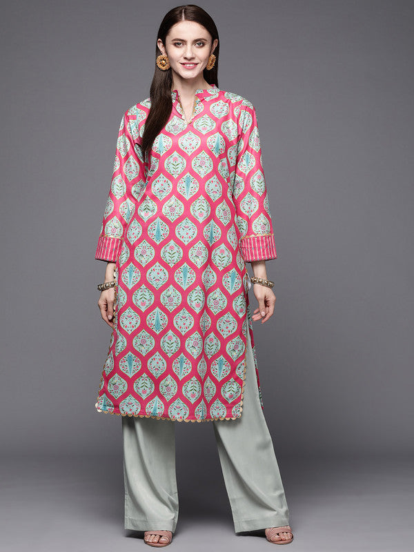 Women's Pink & Sea Green Floral Printed Gotta Patti Velvet Kurta - Ahalyaa