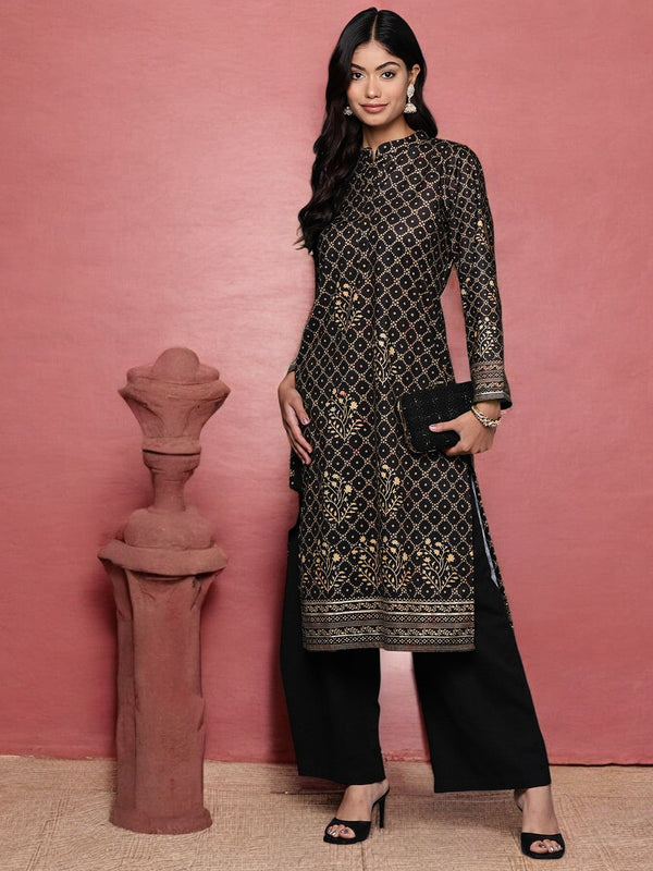 Black Bandhani Printed Gotta Patti Velvet Kurta