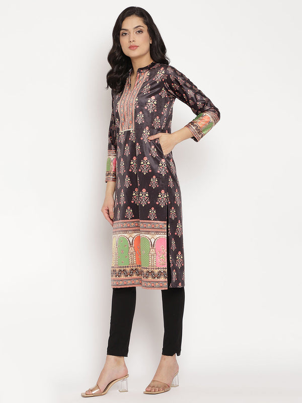 Women's Black Color Digital Print Velvet Kurta- Ahalyaa