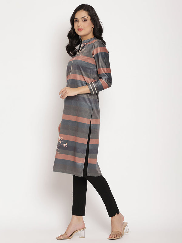 Women's Multi Color Stripe Digital Print Velvet Kurta- Ahalyaa