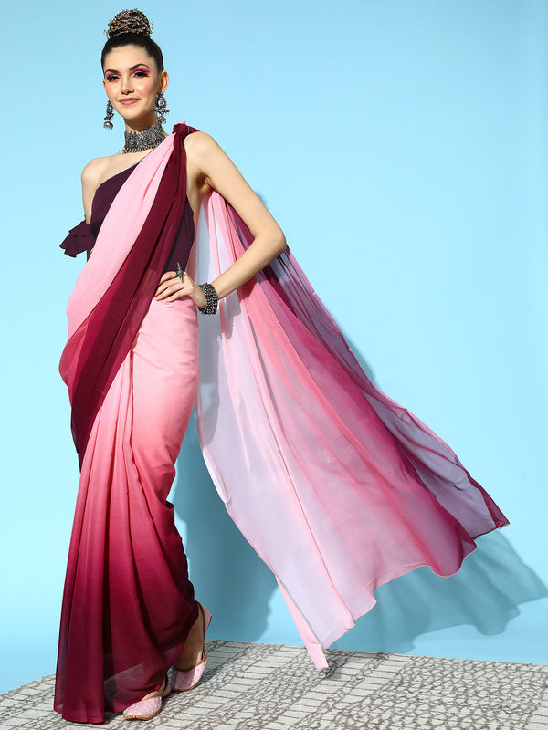 Pink & Burgundy Chiffon Saree