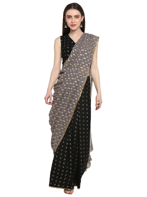 Women's Black Georgette Foil Print Ready To Wear Saree  - Ahalyaa